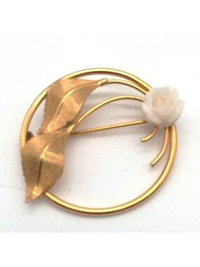 VTG JMS Carved Rose Brooch Pin  1/20 Gold Filled Round Leaves Flower Signed
